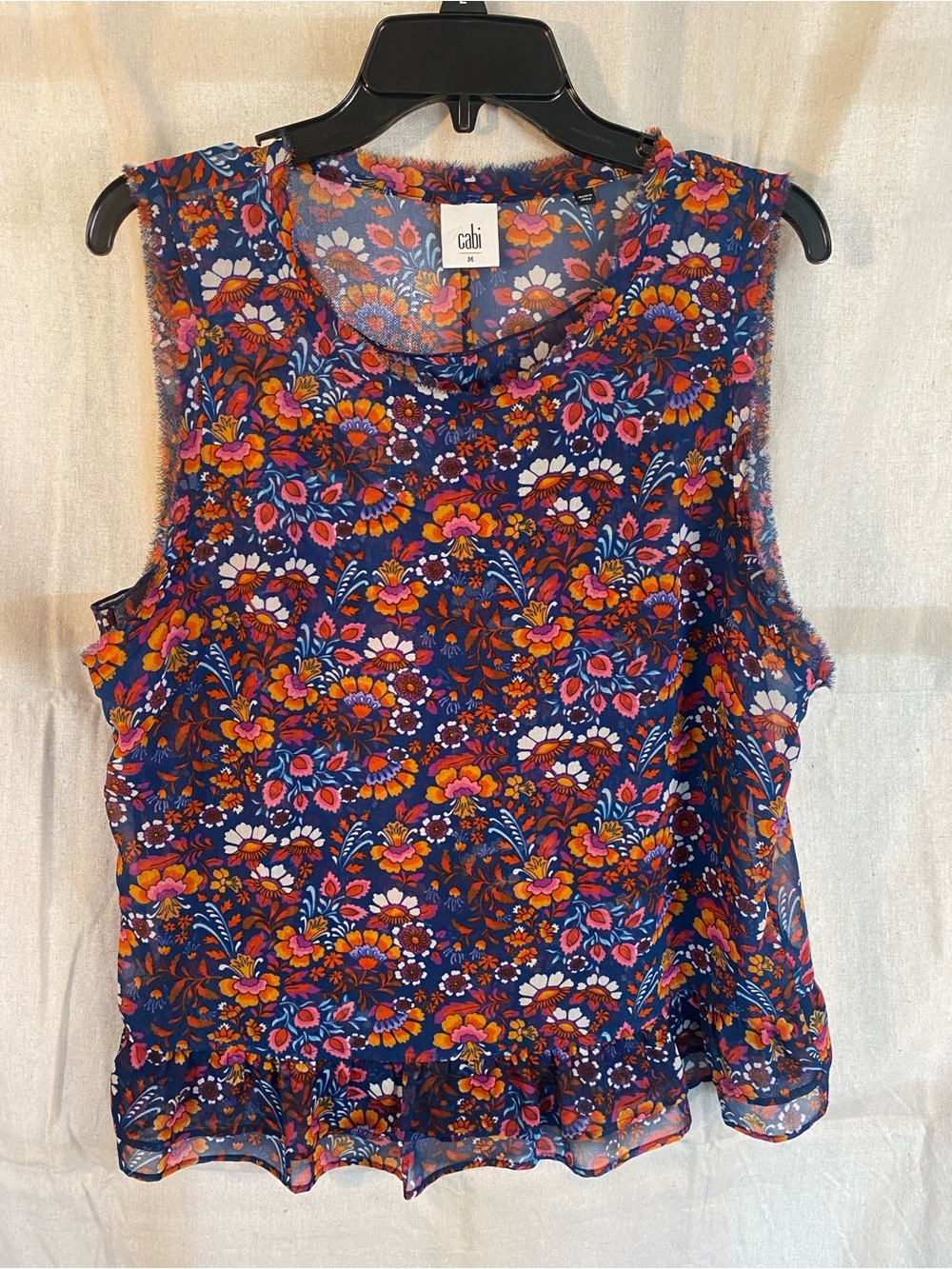 CAbi Navy Floral Sleeveless Ruffle-Hem Camisole with Pink & Orange Accents
